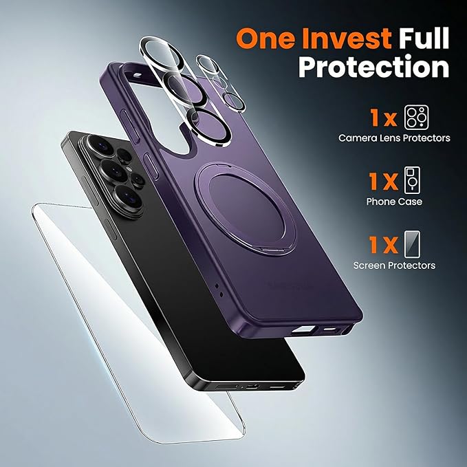 360°Ring Stand for Samsung Galaxy S26 Ultra Case with 1X Screen Protector +1X Camera Cover,Fit for MagSafe, Translucent Matte Cover & Scratch-Resistant Back Cover for Galaxy S26 Ultra 6.9", Purple
