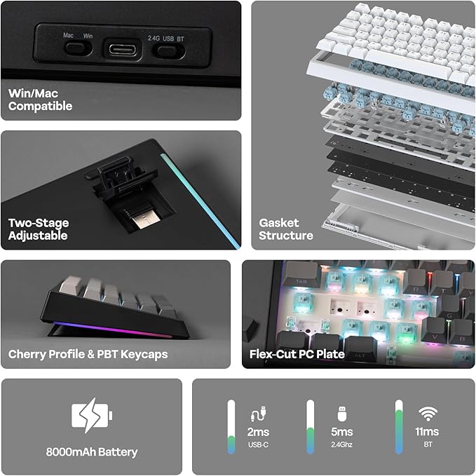 EPOMAKER G84 PRO Wireless Mechanical Keyboard, 75% Gaming Keyboard with 8000mAh Battery, PBT Keycaps, 81 Keys, Hot Swap, Custom Driver, RGB Backlight, Gasket-Mount (Black, Creamy Jade Switch)