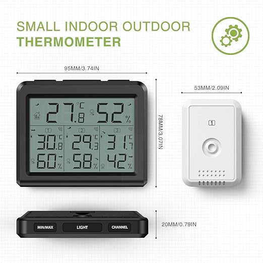 KeeKit Indoor Outdoor Thermometer, Temperature Humidity Monitor with 3 Wireless Sensors, Hygrometer Meter Gauge with LCD Backlight, Min/Max Record for Home, Office, Restaurants, Bars – Black