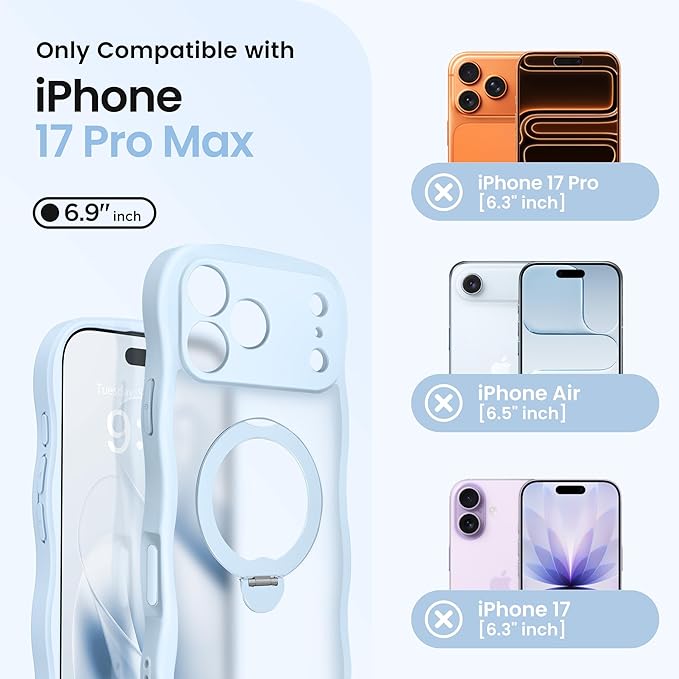 CAPRARO for iPhone 17 Pro Max Case with 360° Spin Magnetic Stand for Women, [Compatible with MagSafe] [Full Camera Protection] Cute Wave Translucent Matte Case for iPhone 17 Pro Max, Light Blue