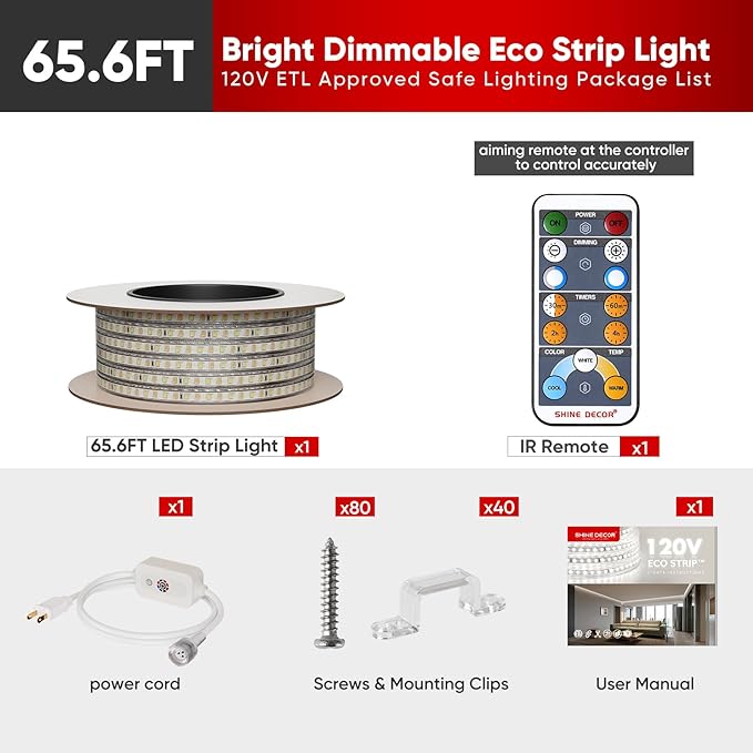 Shine Decor LED Strip Light Connectable, CCT 2800-6000K Warm-Cool Changing Tone for Room, 65FT 120V Plug-in Outdoor Rope Lighting Cold Resistant Waterproof ETL Listed, Remote Timer Available