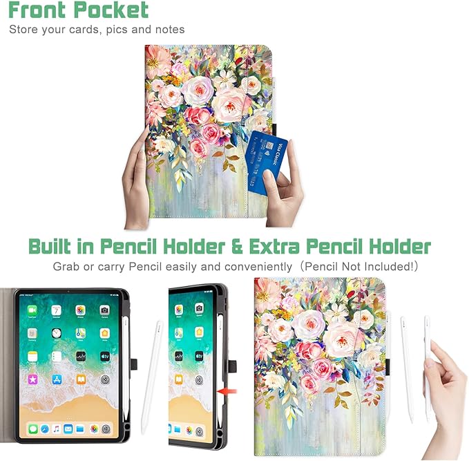 for iPad Air 11 Inch Case M4/M3/M2 2026/2025/2024, Flower for iPad Pro 11 Inch Case 4Th/3Rd/2Nd/1St Generation, for iPad Air 5Th/4Th Gen Cases 10.9 Inch Pencil Holder/Pocket/Hand Strap, Floral