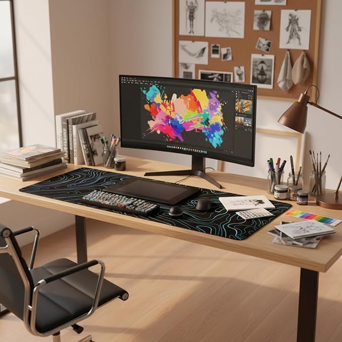 Topographic Large Mouse Pad (31.5x11.8 Inch), Aesthetic Desk Mat with Stitched Edges, Waterproof Non-Slip Keyboard Pad for Office & Home, Blue Line Art Desk Decor