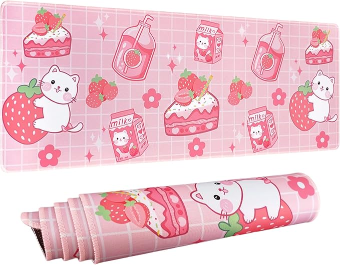 Kawaii Gaming Mouse Pad, Extended Large Cat Strawberry Milk, Pink, 31.5 X 11.8 Inch