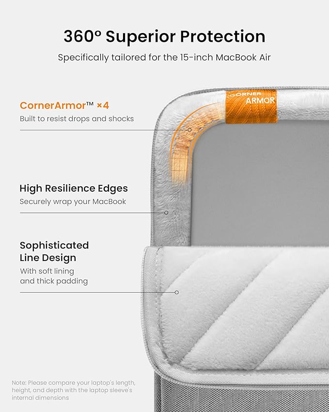 tomtoc 360° Protective Laptop Sleeve for 15-inch New MacBook Air M5/A3448 (2026), M4/A3241, M3/A3114, M2/A2941, Water-Resistant Laptop Case Fits 15-inch MacBook Pro A1990 A1707 & Surface Laptop AI PC