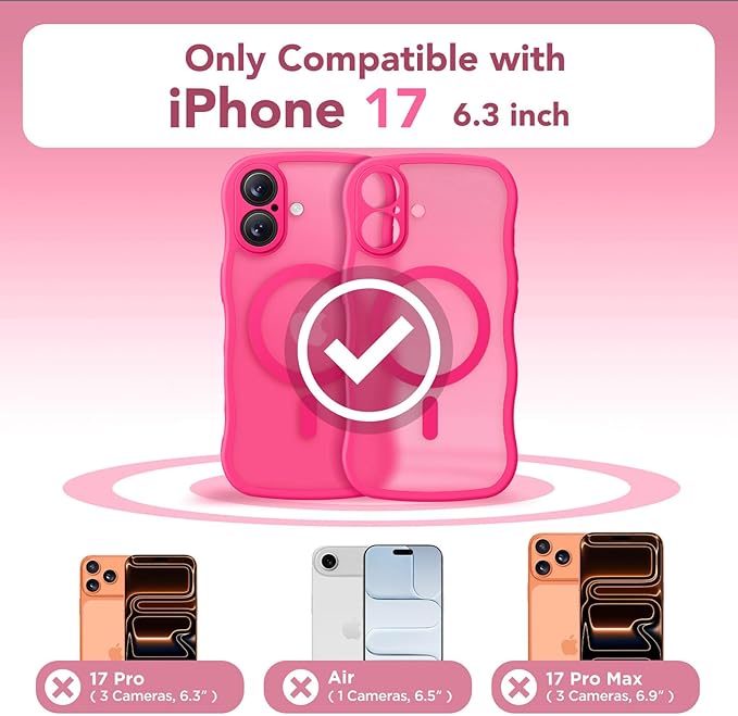 CAPRARO Magnetic for iPhone 17 Case for Women Girls, Upgraded [Full Camera Protection] [Compatible with MagSafe] Cute Wave Translucent Matte Phone Case for iPhone 17, Hot Pink