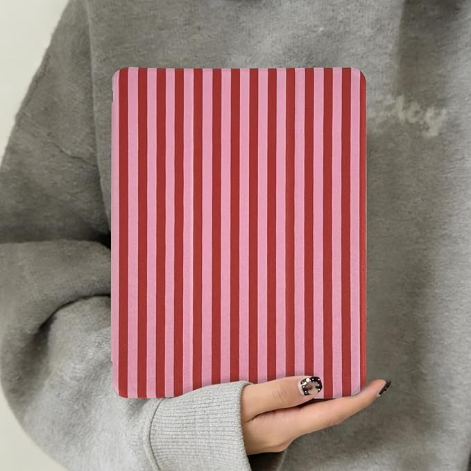 Lovmooful Compatible for iPad 5/6 (9.7-Inch,2018/2017 Model,6th/5th Generation) Case with Pencil Holder Cute Striped with Aesthetic Design Soft TPU Trifold Stand Protective-Red