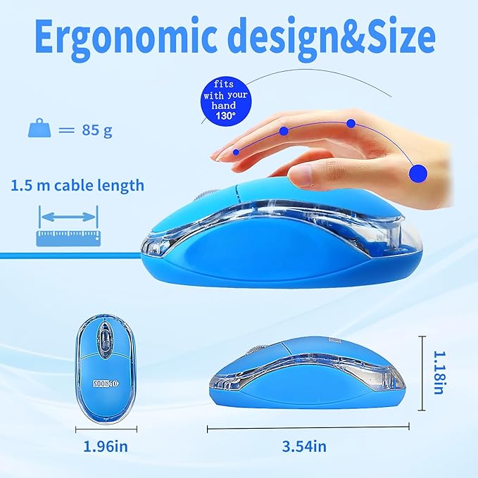 SOONGO Kids Mouse for Laptop USB Ergonomic Optical Mouse Blue Color 1.5M Cable