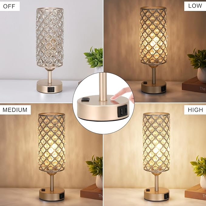 Hong-in Touch Table Lamps for Bedrooms Set of 2-3 Way Dimmable Champagne Gold Crystal Lamps with Crystal Shade, Bedside Nightstand Lamp for Living Room Bedroom Home Office