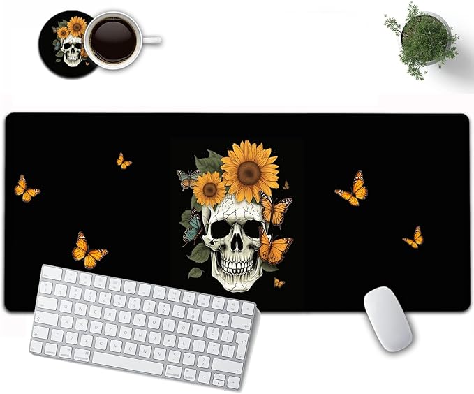 Large Mouse Pad, 31.5 x 11.8in Extended Gaming Mouse Pad with Stitched Edges, XXL Mousepad Protector Non Slip Rubber Base for Office and Home Writing Mat, Skulls and Sunflowers Pattern Black Desk Mat