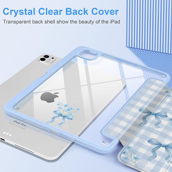 TWOLSKOO Case for iPad Pro 11-inch (M5 2025 / M4 2024), Clear Acrylic Back with TPU Bumper, Pencil Holder, Trifold Stand, Auto Sleep/Wake, Blue Gingham Bows