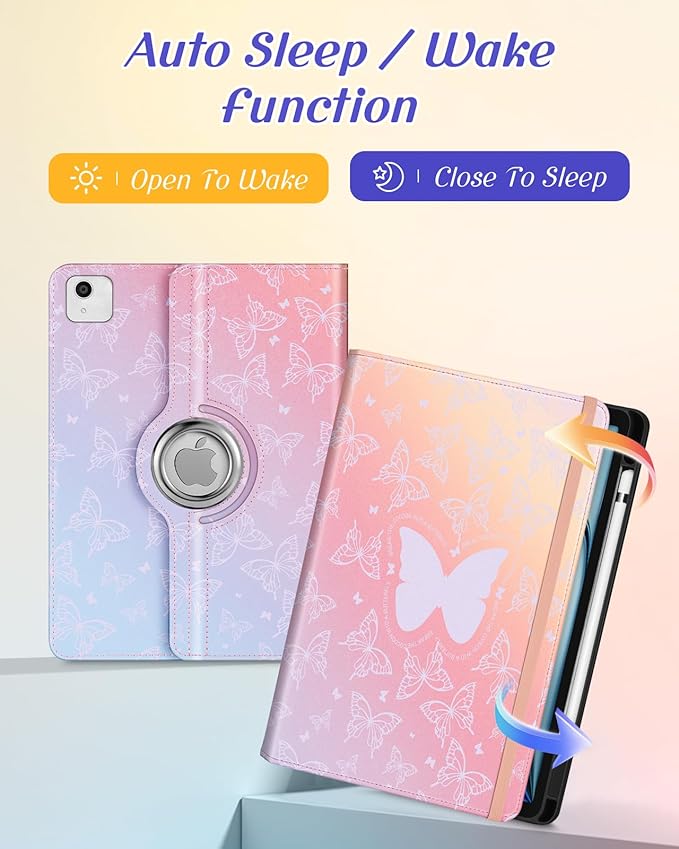 Kidcube for iPad Air 11 Inch Case M3/M2, Air 5th/4th Generation Cases 10.9'', Pro 11'' 2020 - Women Girls Aesthetic Cute Rotating Stand Folio Cover with Pencil Holder & Card Slot Kawaii Butterfly