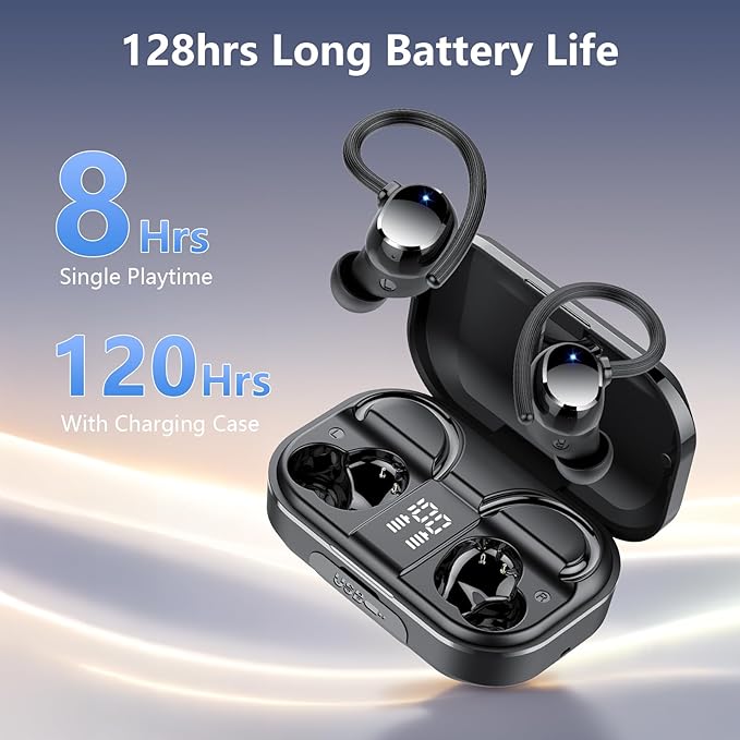 Wireless Earbuds, Bluetooth 5.4 Sport Headphones, 128H Playtime Over Ear Buds for Small Ear, Stereo Deep Bass, Sport Wireless Bluetooth Earphones, IPX7 Waterproof Running Headphones for iOS Android