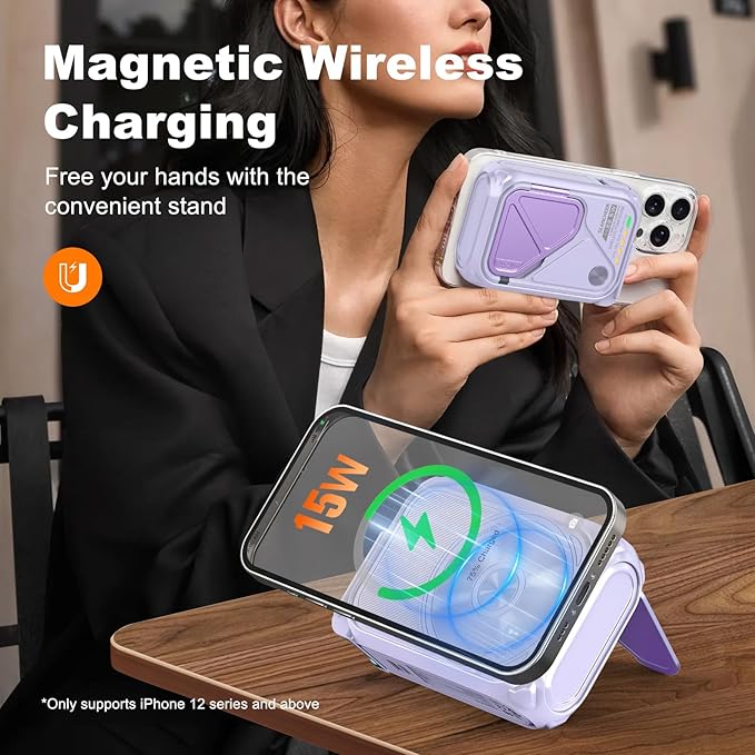 SEANCHEER P05 Portable Charger, Magnetic Power Bank, Small PowerBank, Battery Pack10000mAh Travel Essentials Fast Charging with Built in Cable, Foldable Wall Plug for iPhone,Samsung,Andriod (Purple)