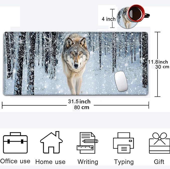 Large Mouse Pad, 31.5 x 11.8in Extended Gaming Mouse Pad with Stitched Edges, XXL Mousepad Protector Non Slip Rubber Base for Office and Home Writing Mat, Wolf in Snowy Forest Pattern White Desk Mat