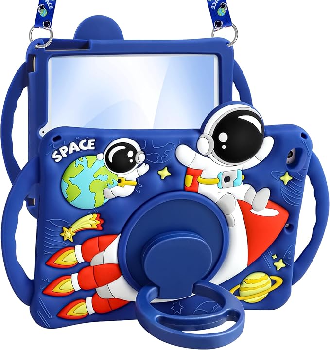 Boaretiu Kids Case for iPad mini 4/mini 5 Generation 7.9 Inch - Cute Cartoon Astronaut Spaceship Silicone Case with Strap & Rotating Stand Soft 3D Tablet Cover for Boys Teens
