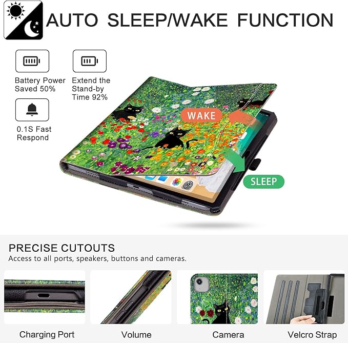 iPad Air 13 inch Case (M4/M3/M2), iPad Pro 12.9 inch Case, iPad Pro 13-Inch (M5/M4) case Shockproof Pencil Holder Multiangle Adjustable Stand/Pocket/Magnetic Closure/Auto Wake Sleep Flowers Garden Cat