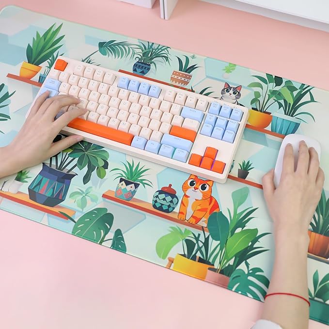 PERFECTSIGHT Cute Cat Desk Pad Kawaii Plant Kitty Desk Mat, Large Gaming Mouse Pad, Funny Deskmat Mousepad, Laptop Keyboard Pad Office Home Decor for Women Girls, Green