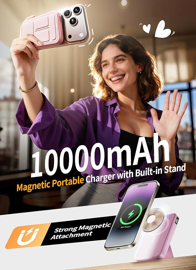 for Magsafe Battery Pack, 10000mAh Wireless Portable Charger with 20W USB-C Fast Charging, Foldable Stand & LED Display Magnetic Power Bank, Compatible with iPhone 16/15/14/13 All Series-Pink