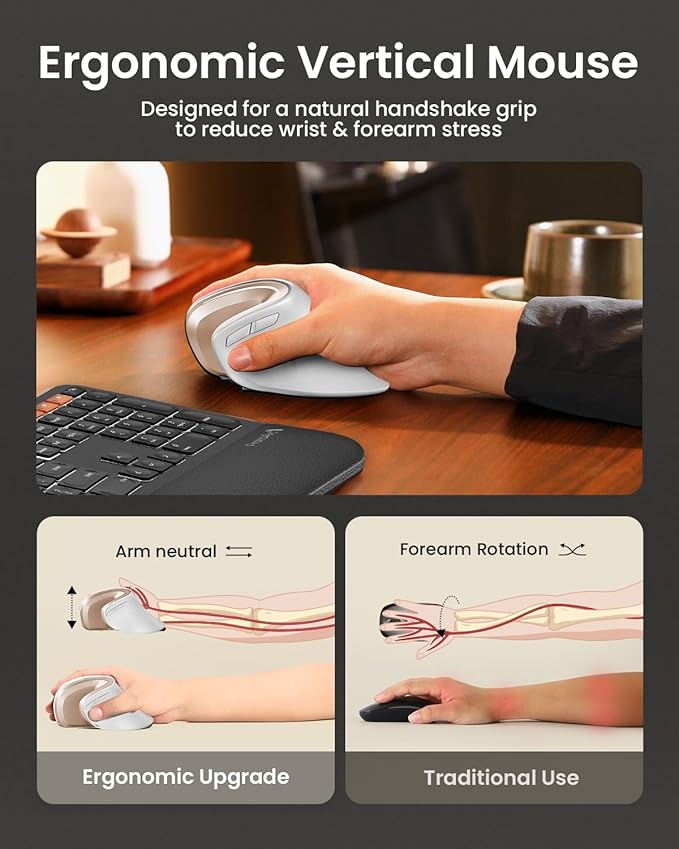 ProtoArc Ergonomic Mouse, EM11 NL Bluetooth Rechargeable Wireless Vertical Mouse, 3 Multi-Device Connectivity for Computer/PC/Laptop, 2.4GHz USB-A Optical Mice for Windows, Mac OS, White Gold
