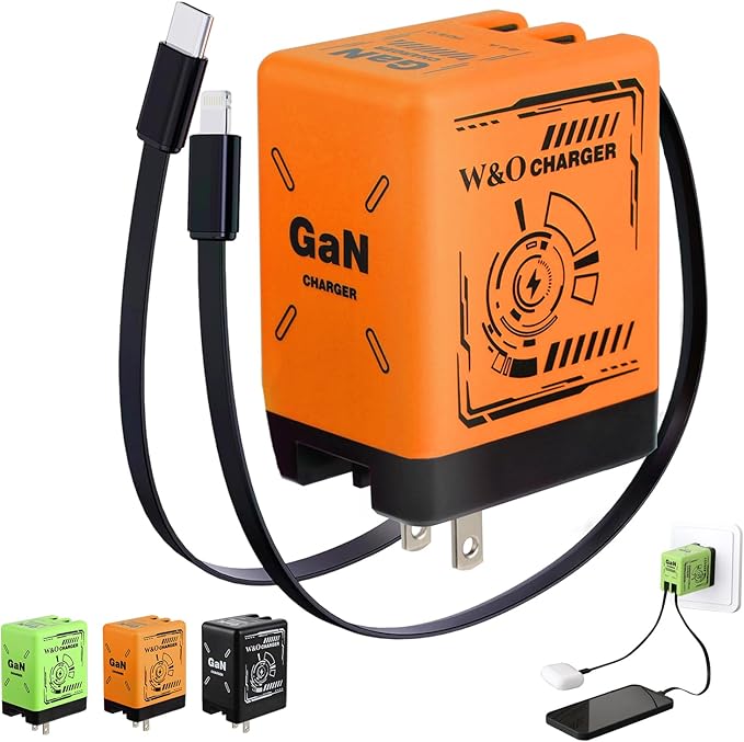 W&O 2-in-1 GaN Compatible with Fast Charger, GaN Charger Fast Charging, Retractable Phone Chargers Wall Plug with Lightning and Type-C Cables, Foldable Chargers for iPhone&Most Android