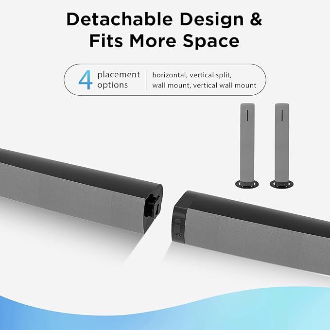 Sound Bar for Smart TV, 90W Soundbar with Bluetooth 5.3/ARC/Optical/AUX Connect, Auto Volume Boost, 3 Customizable Equalizer Modes, 2 in 1 Detachable Soundbar for TV/PC/Gaming/Projectors