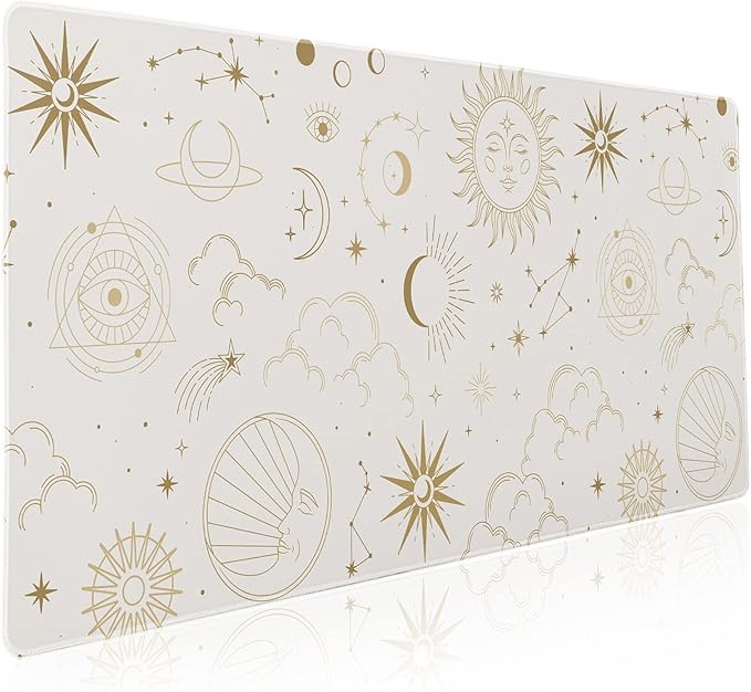 Boho Chic Sun Moon Large Mouse Pad XXL Magic Mystical Galaxy Stars Clouds Extended Large Desk Mat White Big Desk Pad 90X40 CM Non-Slip Rubber Base Stitched Edge Long Mousepad,35.4 x 15.7 Inch