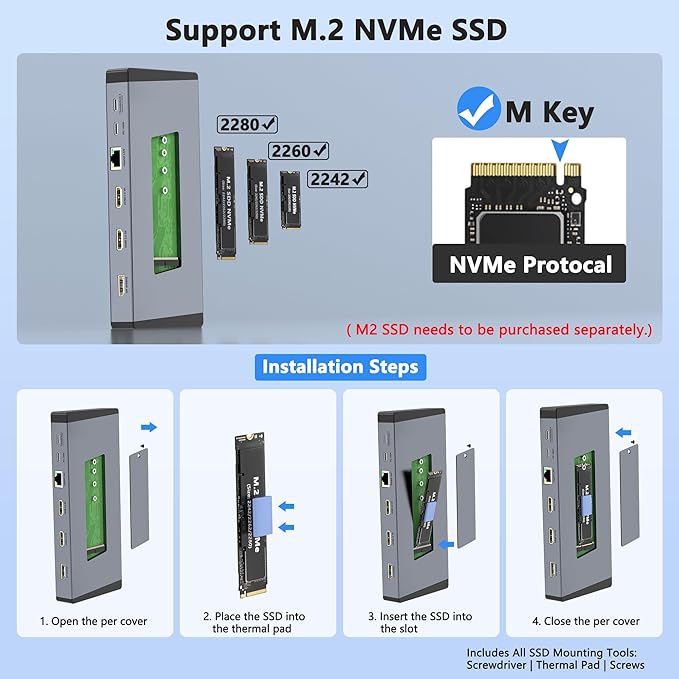 Laptop Docking Station 3 Monitors for Dell/HP/Lenovo/Mac, 15 in 1 USB C Docking Station Dual Monitor with M.2 NVMe SSD Slot, 4K@60Hz Triple Display Dock with HDMI/Displayport/PD/LAN/SD/TF/10Gbps USB