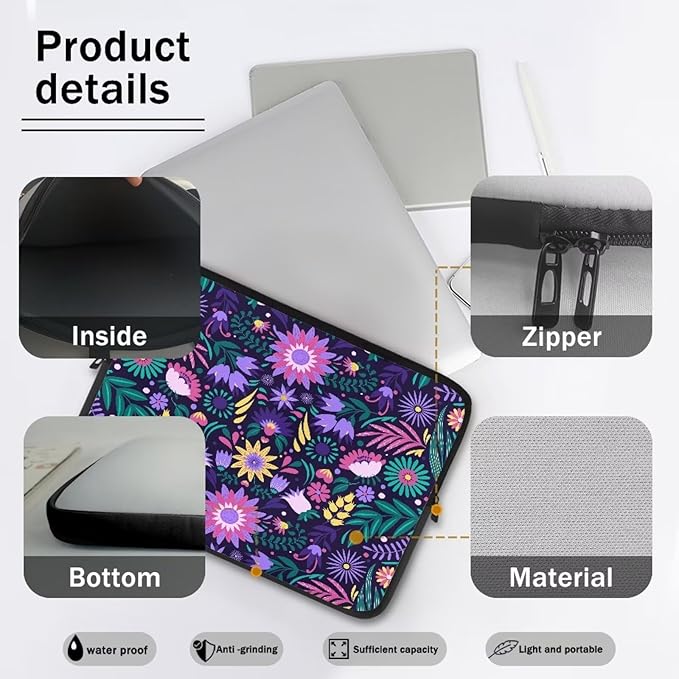 Mandala Flower Laptop Protective Sleeve for Women 17 inch Lap Top Case Portable Computer Sleeve Laptop Protector Zippered Pouches Gifts for Girls Boys Purple