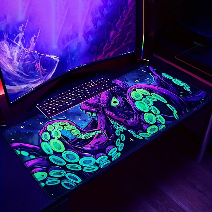 Simpkeely Blacklight Octopus Gaming Mouse Pad – UV Reactive Kraken Tentacles Desk Mat, Neon Glow in The Dark Waterproof Extended Mousepad with Non-Slip Rubber Base for Office & Home – 31.5" x 11.8"