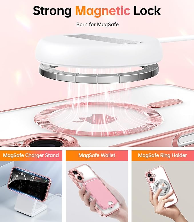 Meifigno Case for iPhone 16 Plus 6.7’’, [Compatible with MagSafe] [1X HD+1X Privacy Screen Protectors] [Glitter Card & Wrist Strap] Surround Lens Protection for iPhone 16 Plus Case, Rose Gold
