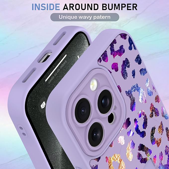KANGHAR Compatible with iPhone 15 Pro Case, Support for MagSafe, Silicone Cute Iridescent Leopard Cheetah Pattern, Wristband Kickstand Shockproof Protective Slim Cover for Women Girls, Purple