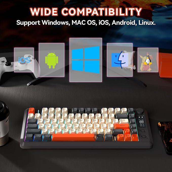 ZIYOU LANG M75 Wireless Gaming Keyboard, RGB Backlit Rechargeable 2000mAh Battery, Small Membrane But Mechanical Feel Keyboard with Smart Display & Knob, PBT Gradient keycaps for PC, MAC - Shimmer