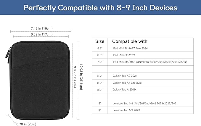 Dadanism 8-9 Inch Tablet Sleeve Bag Carrying Case for iPad mini 7th/6th 8.3", iPad mini 7.9", Galaxy Tab A7 Lite/A9 8.7", ‎Remarkable Paper Pro Move 7.3" 2025, Tab M8 8", Tab M9 9", Black