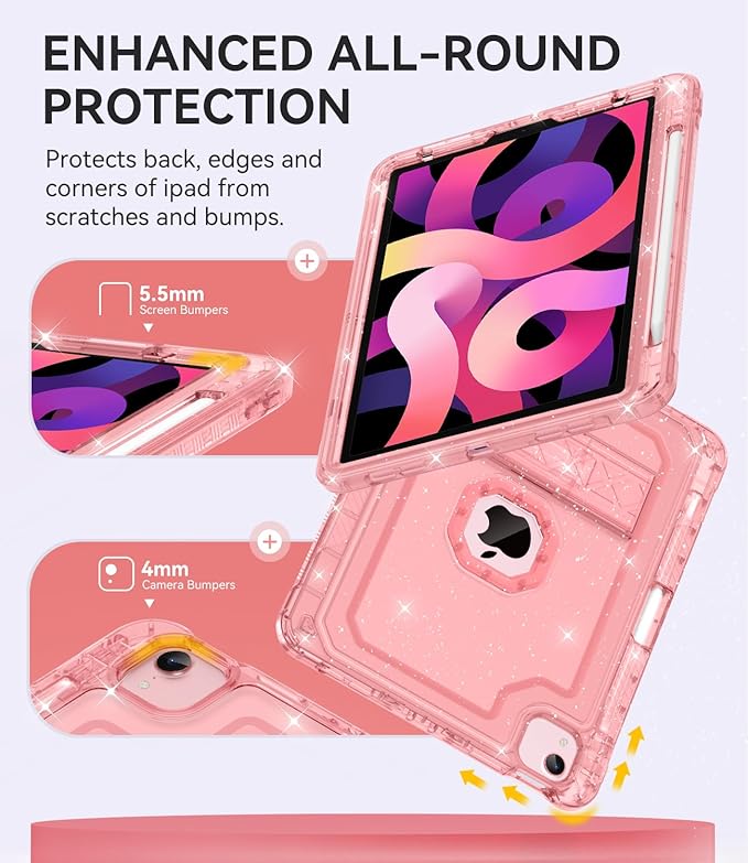 ZoneFoker Case for iPad Air 5th/ 4th Generation Case (2022/2020) 10.9'', for iPad Pro 11 Inch (4th/3rd/2nd/1st Gen), Hard Sturdy Slim Cover for iPad Air 5 4 th with Pencil Holder/Stand, Pink Glitter