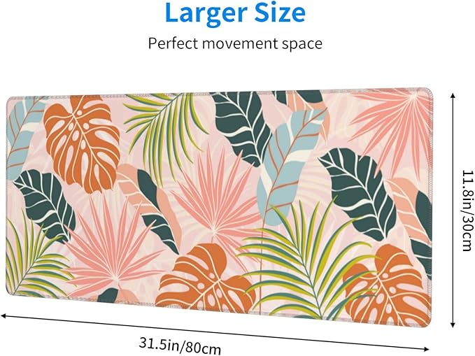 Large Gaming Mousepad, Cute Tropical Leaves with Boho Style XL Mouse Pads for Desk, Big Long Non-Slip Base Floral Extended Desk Pad for Keyboard and Mouse Gifts for Women Office Decor, 31.5*11.8 Inch