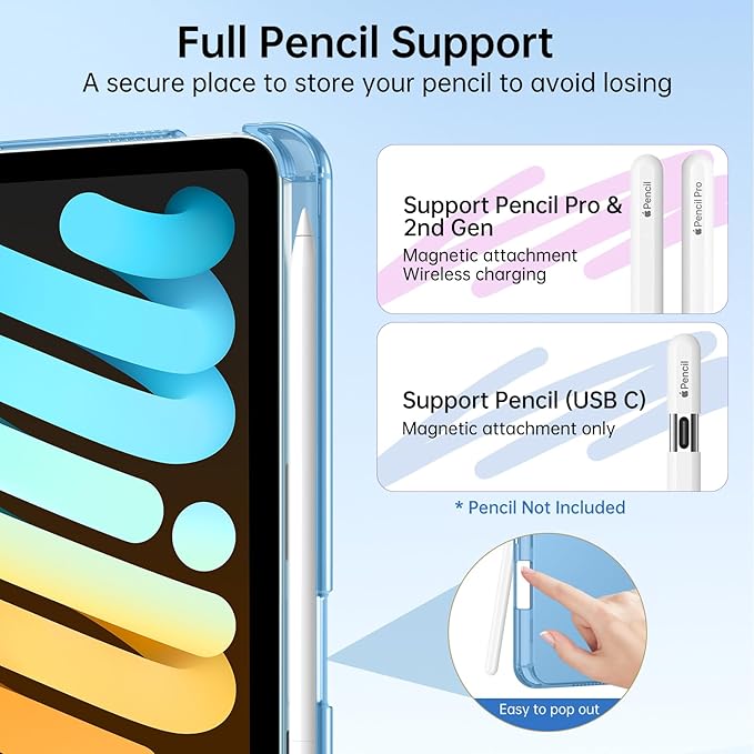 MoKo for iPad mini 7 A17 Pro Case 2024, iPad mini 6th Generation Case 8.3 Inch 2021 with Pencil Holder, Slim Light Trifold Smart Protective Cover with Hard PC Translucent Back Shell, Navy Blue