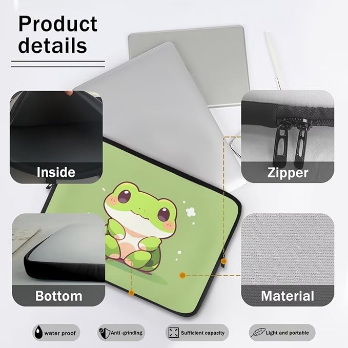 Cute Frog Laptop Sleeve for Women Teen Girls 15 inch Laptop Accessories with Versatile Uses Lap Top Case Portable Computer Sleeve Laptop Pouch Ideal Gifts for Holidays Green