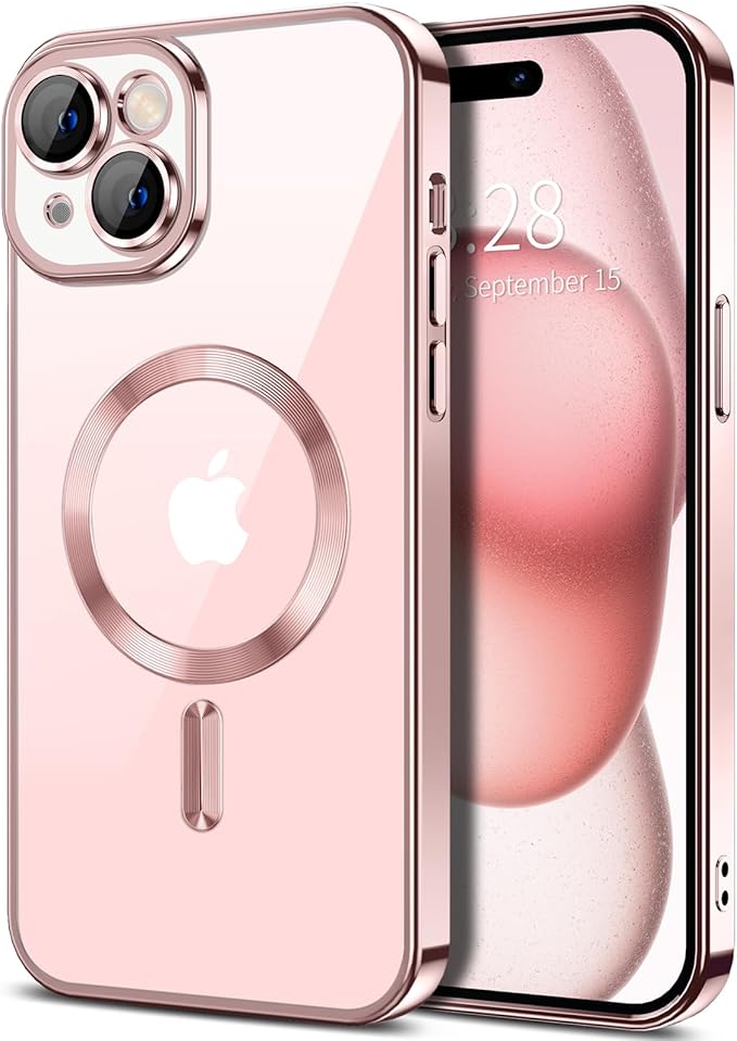 Hython Magnetic Clear for iPhone 15 Case with Camera Lens Protector [Compatible with MagSafe] Luxury Plating Edge Slim Soft TPU Cover Protective Phone Case for iPhone 15 6.1", Pink