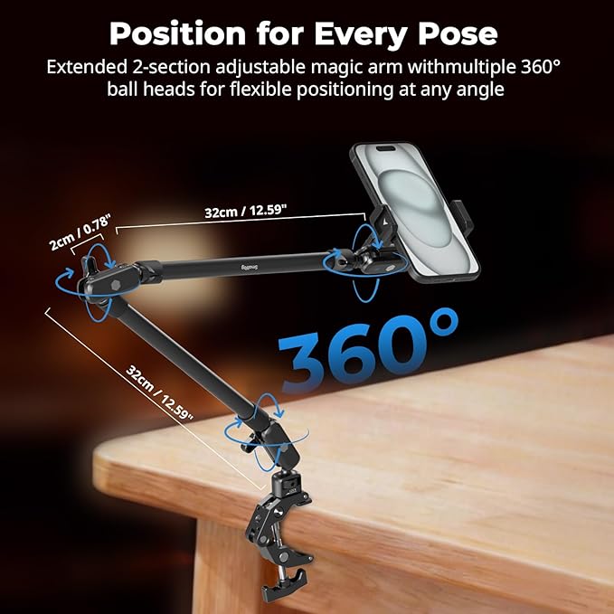 SmallRig 26" Magic Arm with Super Clamp, Overhead Phone Mount, Flexible Desk Camera Mount with 1/4" Screw and Cable Clip, Max Load 2.2lb, for iPhone, Action Camera, Video Light, Webcam, Mic - 5625