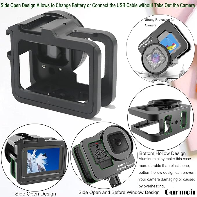 Metal Protective Case for Go Pro Hero 13/12/11/10/9 Black, Upgraded Aluminum Alloy Back Door Housing Frame Video Cage, with 2 Cold Shoe Mount and 52mm Filter