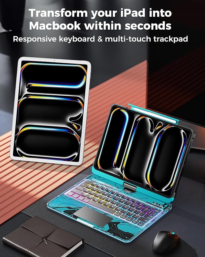 TSQQST Clear Wireless Keyboard Case for iPad Pro 11 Inch (M5/M4) 2025/2024 with Pencil Holder & Multi-Touch Trackpad, Visible PCB, 3-Brightness & 7-Color Backlight, 360° Rotating Stand, Blue