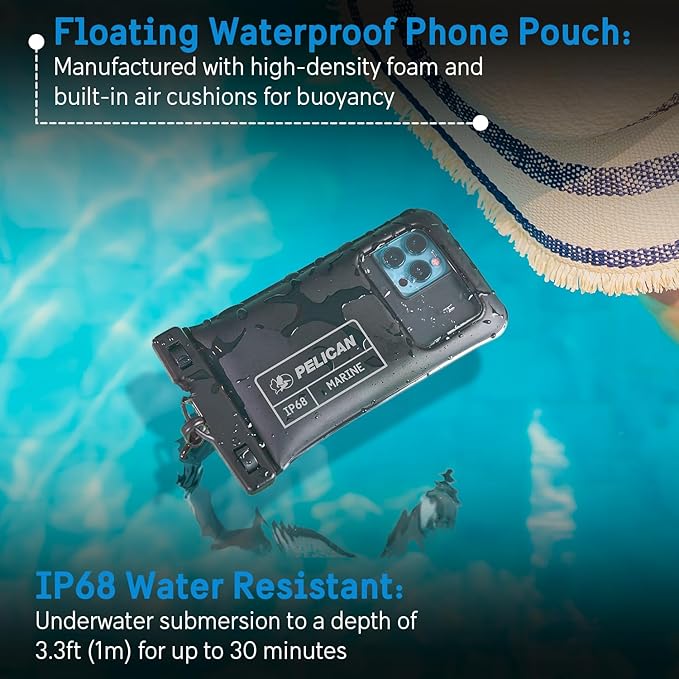 Pelican 4 Pack Marine - IP68 Waterproof Phone Pouch (Regular Size) Floating Waterproof Phone Case - Beach Cruise Ship Travel Essentials - Works with All Phones - Detachable Lanyard - Black