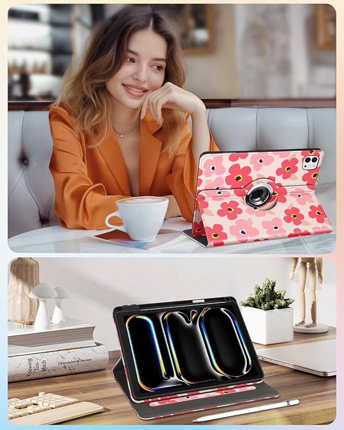 Kidcube for iPad Pro 11 Inch Case M4 2024 5th Generation - Women Girls Cute Rotating Stand Folio Cover with Pencil Holder & Card Slot Kawaii Floral Flower Design for iPad Pro 11'' Case 2024 M4 5th Gen