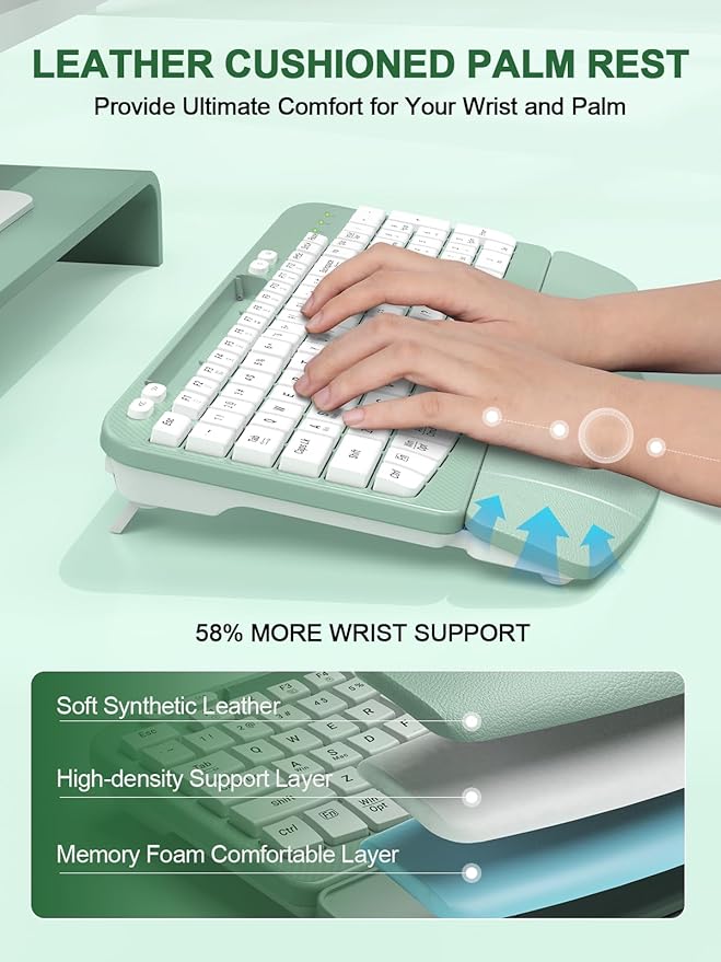 Ergonomic Wireless Keyboard with Cushioned Wrist Rest, Wave Keys, Phone Holder, Comfortable Natural Typing, 2.4GHz Full Size Cordless USB Computer Keyboard for Windows, Mac OS, Laptop, PC (Mint Green)