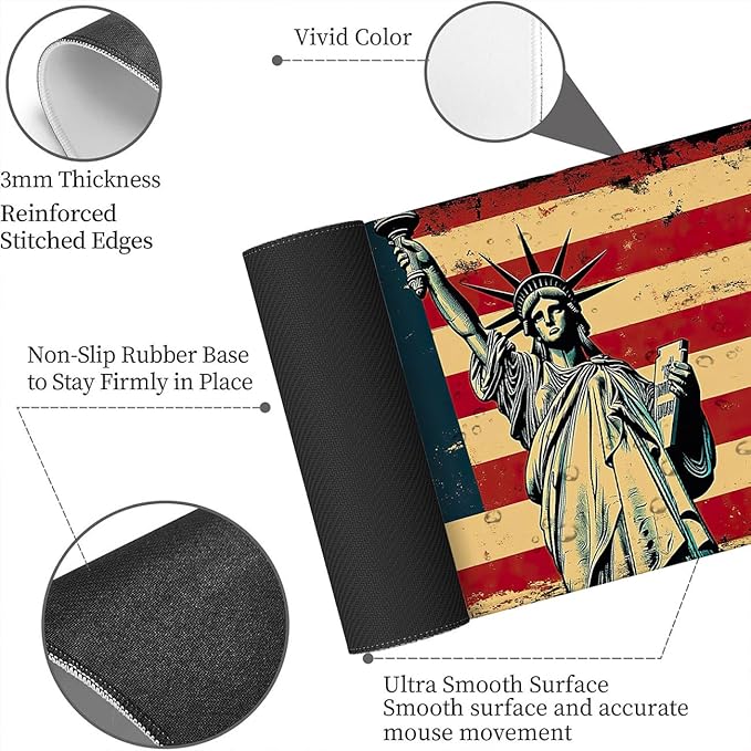 American Flag Desk Mat Vintage Statue Liberty Gaming Mouse Pad Mat with Stitched Edge Non-Slip Base Big Mouse Pad Compatible with Computer, Laptop, and Keyboard 31.5x11.8 Inch