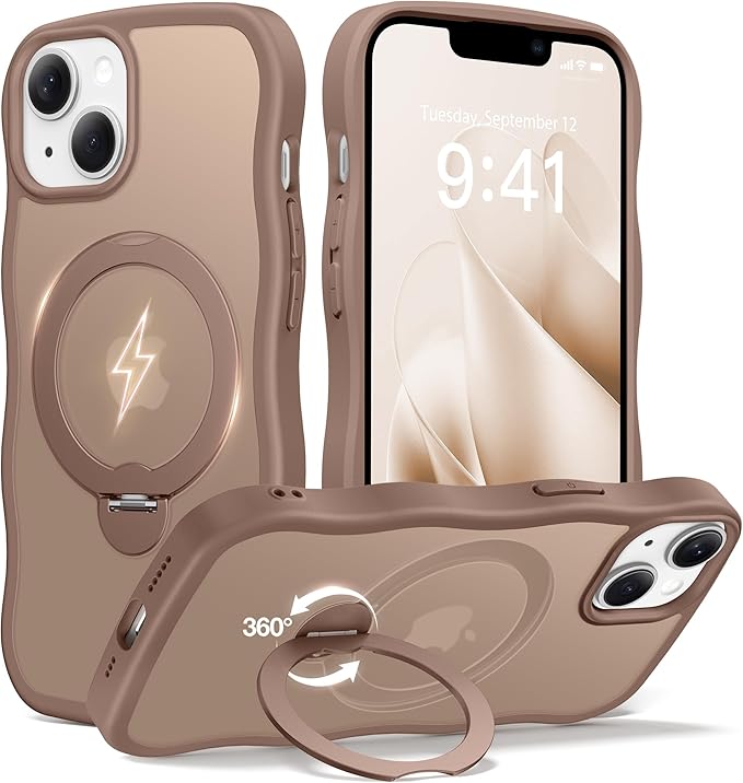 CAPRARO for iPhone 13 Case & iPhone 14 Case with 360° Spin Magnetic Stand for Women, [Compatible with MagSafe] [Camera Protection] Cute Wave Translucent Matte Case for iPhone 13/14, Brown
