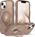 CAPRARO for iPhone 13 Case & iPhone 14 Case with 360° Spin Magnetic Stand for Women, [Compatible with MagSafe] [Camera Protection] Cute Wave Translucent Matte Case for iPhone 13/14, Brown