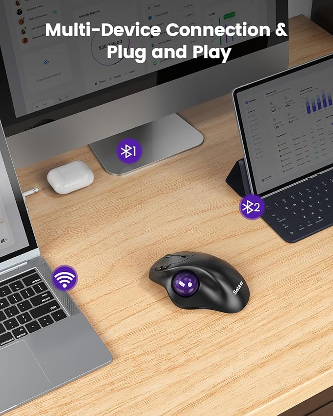 SABLUTE MAM2 Wireless Trackball Mouse with 5-Level DPI, Ergonomic Mouse 2.4G Plug-and-Play for 3 Devices (Bluetooth or USB), 500mAh Battery, Compatible with PC/Laptop/Mac/Windows-Purple Ball