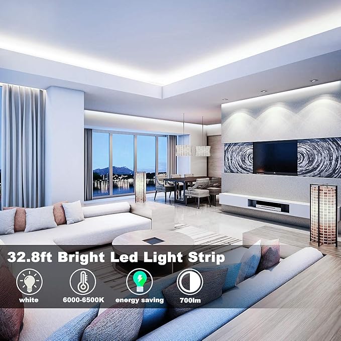 MY BEAUTY LIGHT LED Strip Lights Warm White,32.8ft Dimmable LED Light Strip with RF Remote,600 Bright 6500K 2835 LEDs,Plug-in Adhesive Rope Lights with Timing Mode for Living Room Bedroom Kitchen